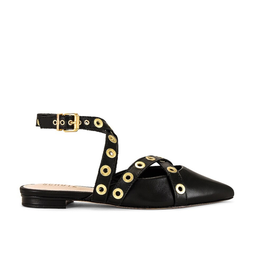 Schutz Emmie Ankle-Wrap Studded Leather Cutout Flats Buckle Black/Gold Size 6.5B - Picture 3 of 7